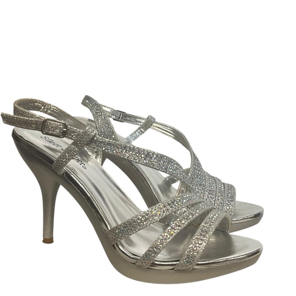 Silver Slippers | Silver Strappy Embellished Heeled Sandals Heels 6
